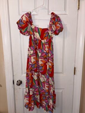 Storia abstract puff sleeve maxi dress S